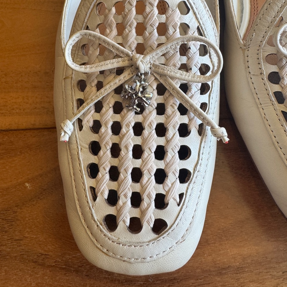 Tory Burch Cream Perforated Leather Loafers with Bow - Picture 3 of 7